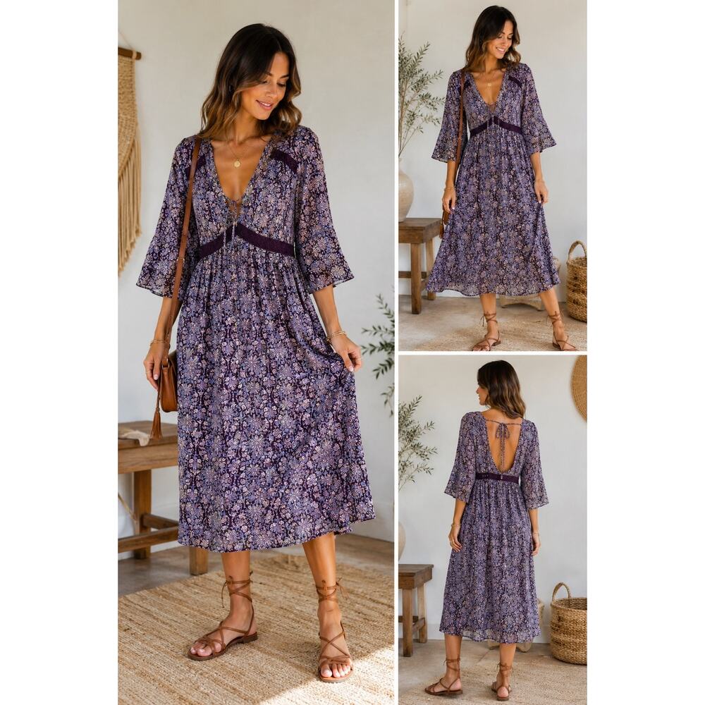 Eyeshadow Boho Midi Dress M Purple Floral Bell Sleeve Tie Back Empire Waist Flow